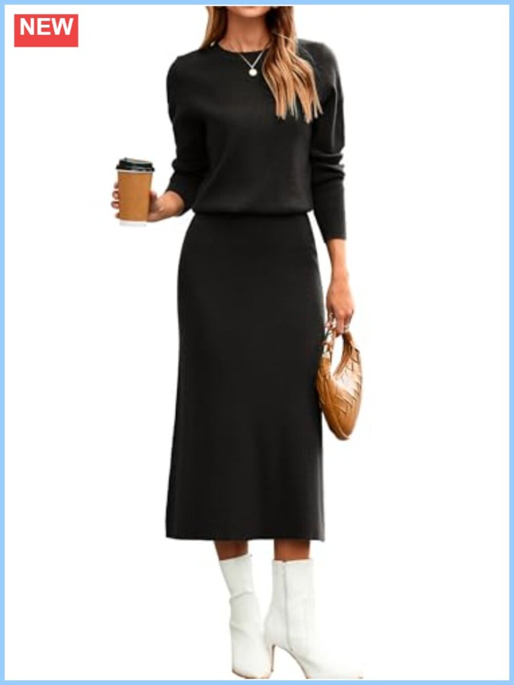 Knit Sweater and Midi Skirt Set Long Sleeve Crewneck Casual Fall Outfit